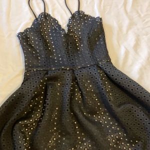 black dress with tan under, spaghetti strap